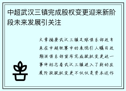 中超武汉三镇完成股权变更迎来新阶段未来发展引关注